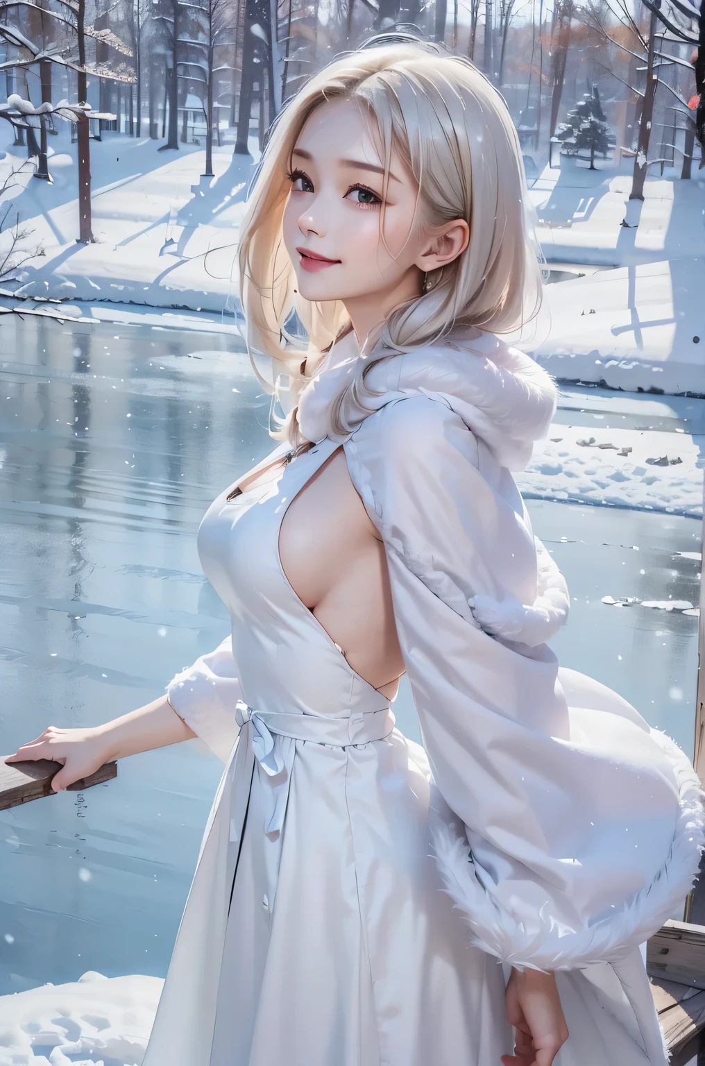 (the upper body:1.5).masterpiece、Highest quality、1 girl, winter, platinum blonde hair, Cute girl, smile, close mouse, medium breasts, sideboob:1.4, white dress, winter clothes, long skirt, Fur coat、Small waist、Thin legs、outdoors, front of the lake, snow falling, Prayer Pose, join hands, from side:1.5, side view, 