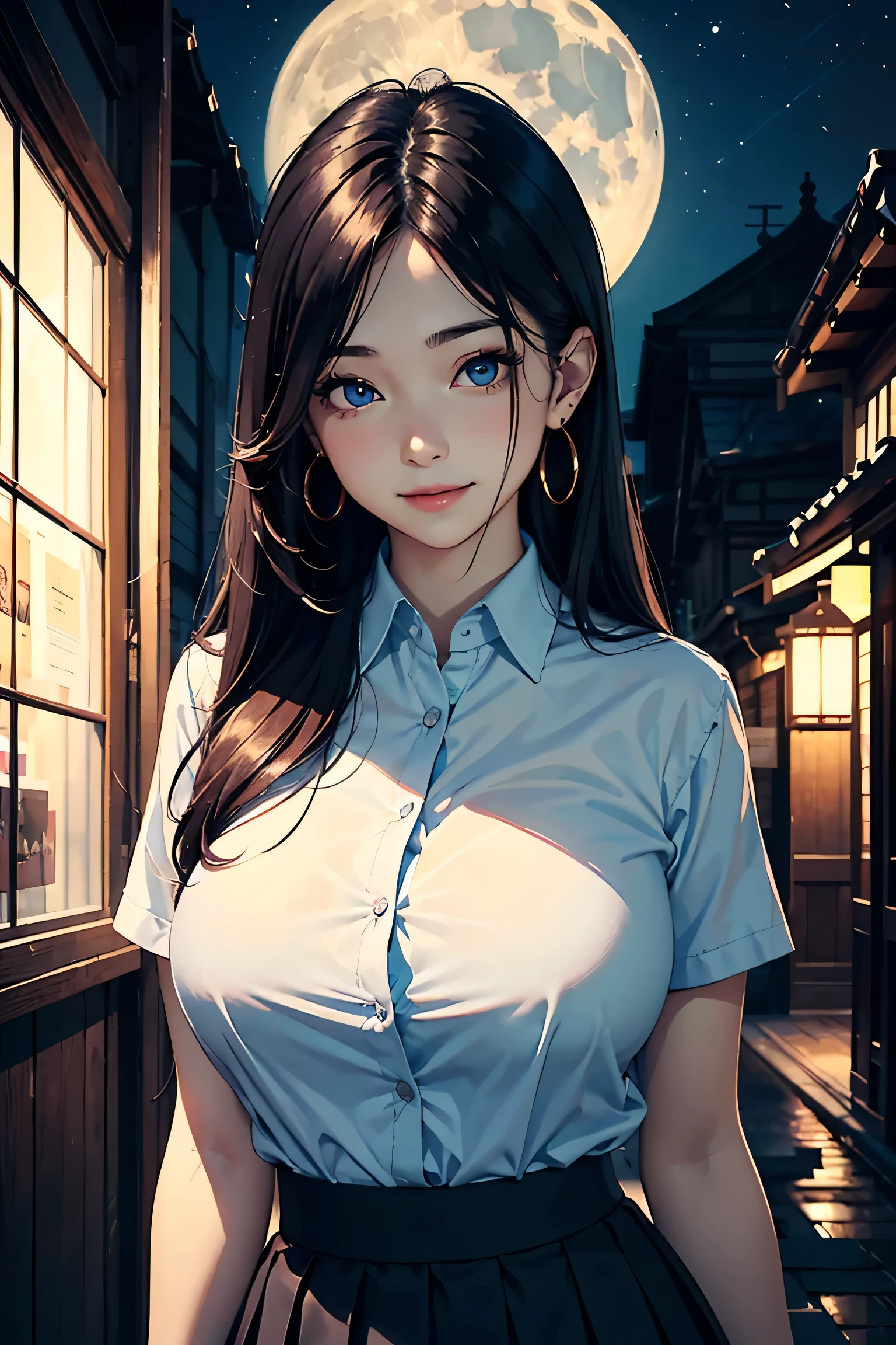 (masterpiece:1.2, Highest quality), (Realistic photos), Beautiful illustrations, (Natural side lighting, Cinema lighting),(1 person), Japanese, 20-year-old female, Perfect Face, Symmetrical cute face, Glowing Skin,(Black straight long hair)、Dark blue eyes, (Huge breasts:1.1), Slender build、Beautiful Hair, Beautiful Face, Fine and beautiful eyes, Beautiful body, Beautiful breasts,(shirt、Pleated skirt)、Earrings、smile、Blushing、stand、whole body、window、Night view、moon、Around town