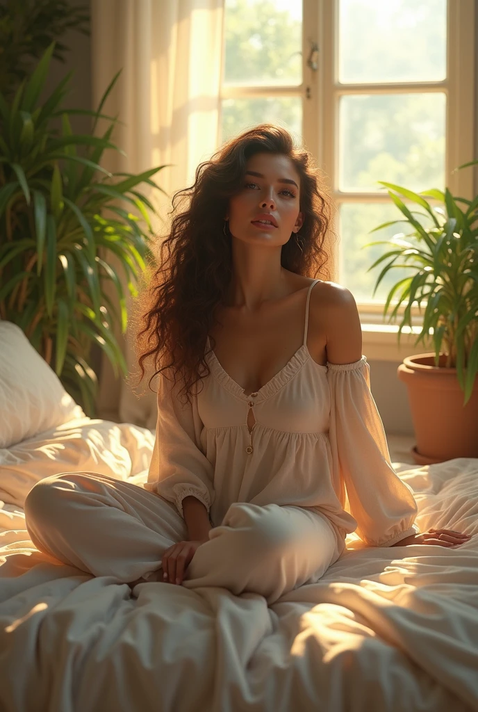 (photorealism:1.2), beautiful woman, sitting on bed, wearing loose off-shoulder top, pajama pants, long curly hair, indoors, soft lighting, plants in background, window with sunlight, cozy room, relaxed pose, realistic, intricate details, warm colors, by Greg Rutkowski, by Alphonse Mucha