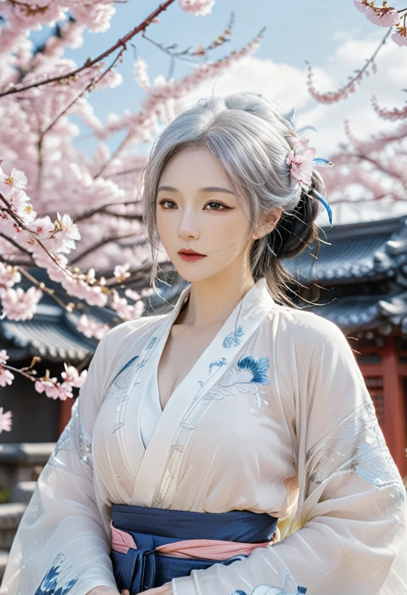 Beautiful Goddess（1 person）、White Fox Incarnation、It has nine tails、Beautiful woman、kimono、Trained muscles、Big Breasts、Gray Hair、Captivating body、Japanese Shrines、Cherry Blossoms at Night、full moon、8k、Realistic