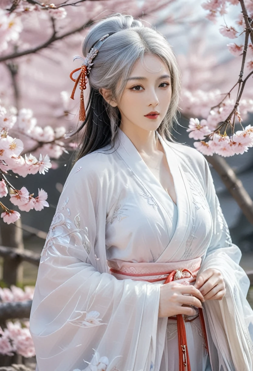 Beautiful Goddess（1 person）、White Fox Incarnation、It has nine tails、Beautiful woman、kimono、Trained muscles、Big Breasts、Gray Hair、Captivating body、Japanese Shrines、Cherry Blossoms at Night、full moon、8k、Realistic