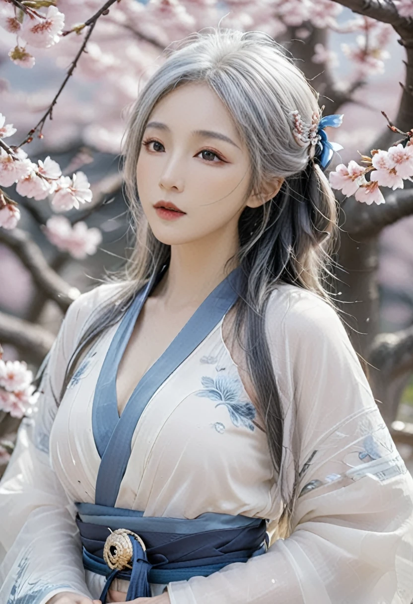 Beautiful Goddess（1 person）、White Fox Incarnation、It has nine tails、Beautiful woman、kimono、Trained muscles、Big Breasts、Gray Hair、Captivating body、Japanese Shrines、Cherry Blossoms at Night、full moon、8k、Realistic