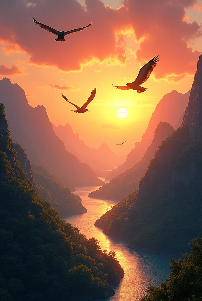 A realistic sunset scene with birds in green mountains and rivers, extremely realistic.