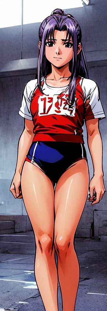Momoko Koigakubo, with her beautiful legs, is standing in the athletic field wearing track and field wear and racing bloomers that look like panties.。
