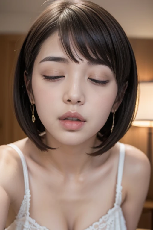 (close your eyes)、(Kissing Face)、(Realistic:1.4)、Beautiful details and subtle expression,Tabletop、Very detailed表現、私n detail、Very detailed顔、Cinema Lighting、Highest quality、Realistic、Tabletop、Highest quality、８hair、 Earrings, Beautiful eye detail with eyelashes, Large file size, Very detailed, High resolution,A young and cute fair-skinned Japanese woman、Woman with bob cut、Act like an actress、The gesture of wanting a man、Stick your tongue out、Gesture of invitation for young man、Badedium Chest