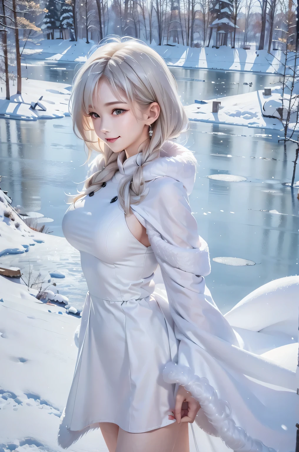 (the upper body:1.5).masterpiece、Highest quality、1 girl, winter, platinum blonde hair, Cute girl, smile, close mouse, medium breasts, sideboob:1.4, white dress, winter clothes, long skirt, Fur coat、Small waist、Thin legs、outdoors, front of the lake, snow falling, Prayer Pose, join hands, from side:1.5, side view,