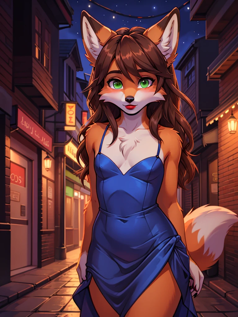 Best quality, furry male fox with green eyes, with brown long hair, with black spout, with red lipstick on lips, big lips, in a blue dress, crossdressing, bare chest, shy, sexy pose, portrait, against the backdrop of a night street 