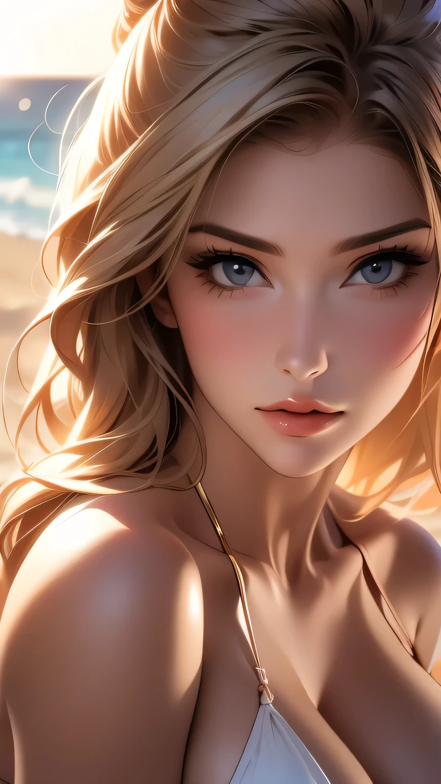 a beautiful woman in a white bikini standing on a beach, looking directly at the viewer, with long blonde hair blowing in the wind, blue eyes, and a slight blush on her cheeks, surrounded by palm trees, a cloudy blue sky, and waves crashing against the shore, masterpiece, photorealistic, ultra-detailed, hyper-realistic, 8k, cinematic lighting, vibrant colors, dramatic composition, (Perfect details:1.1), (Beautiful and clear background:1.2), (Extremely detailed CG, Ultra detailed, best shadow:1.1), (Finely detailed beautiful eyes)
