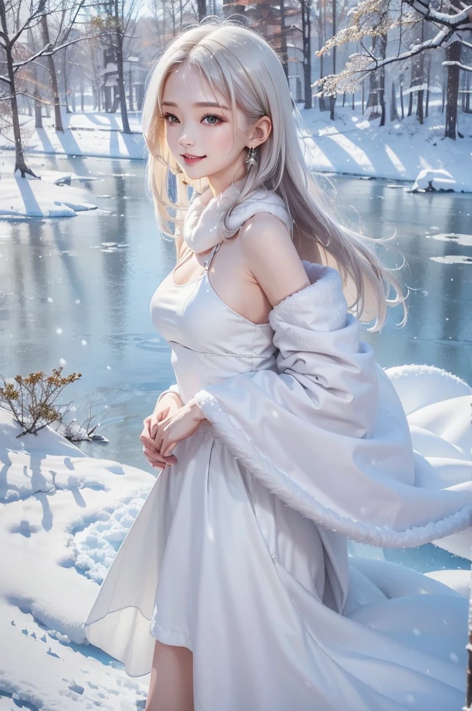 (the upper body:1.5).masterpiece、Highest quality、1 girl, winter, platinum blonde hair, Cute girl, smile, close mouse, medium breasts, sideboob:1.4, white dress, winter clothes, long skirt, Fur coat、Small waist、Thin legs、outdoors, front of the lake, snow falling, Prayer Pose, join hands, from side:1.5, side view, 