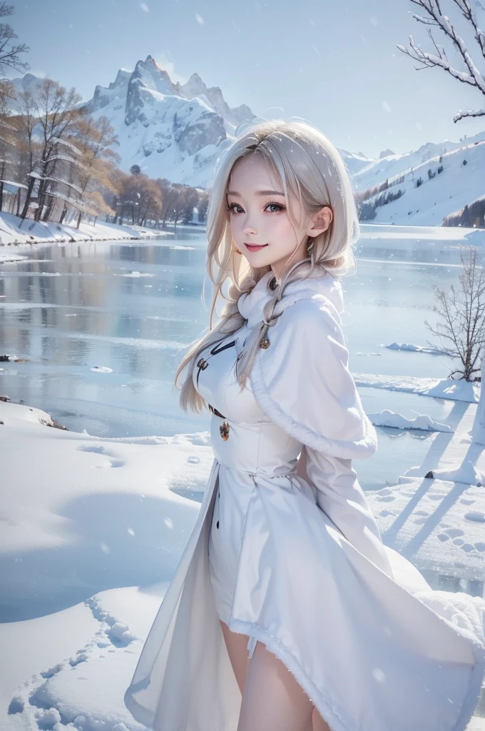 (the upper body:1.5).masterpiece、Highest quality、1 girl, winter, platinum blonde hair, Cute girl, smile, close mouse, medium breasts, sideboob:1.4, white dress, winter clothes, long skirt, Fur coat、Small waist、Thin legs、outdoors, front of the lake, snow falling, Prayer Pose, join hands, from side:1.5, side view, 