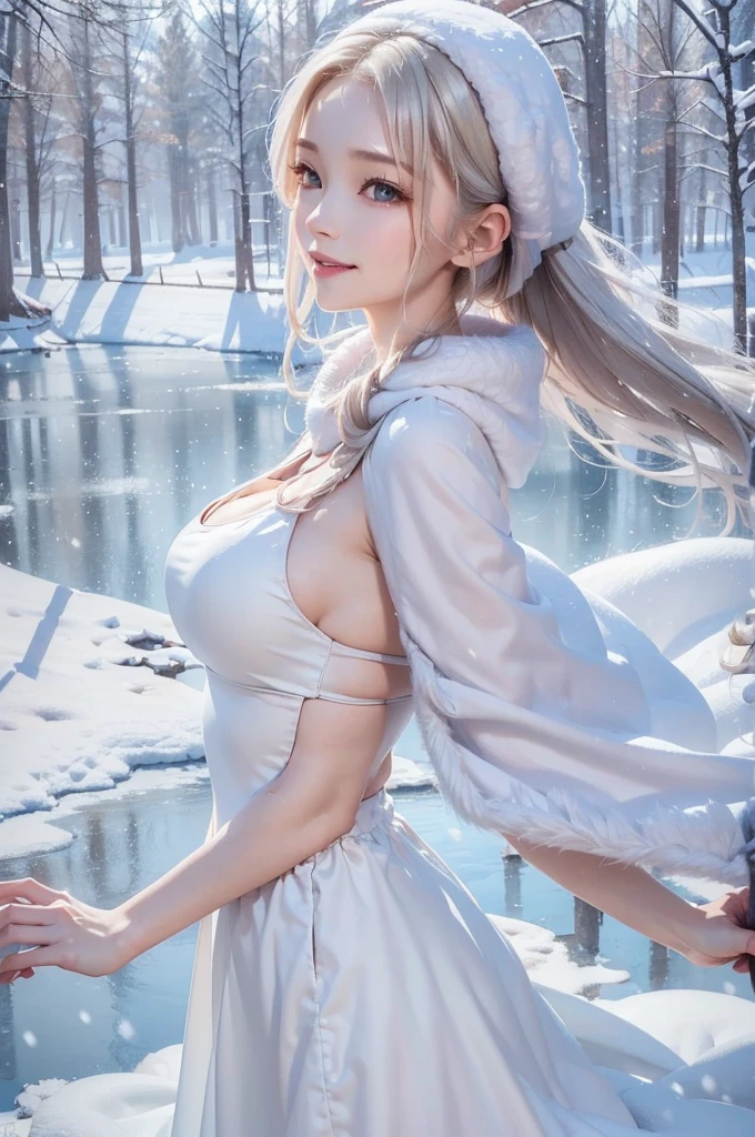 (the upper body:1.5).masterpiece、Highest quality、1 girl, winter, platinum blonde hair, Cute girl, smile, close mouse, medium breasts, sideboob:1.4, white dress, winter clothes, long skirt, Fur coat、Small waist、Thin legs、outdoors, front of the lake, snow falling, Prayer Pose, join hands, from side:1.5, side view, 