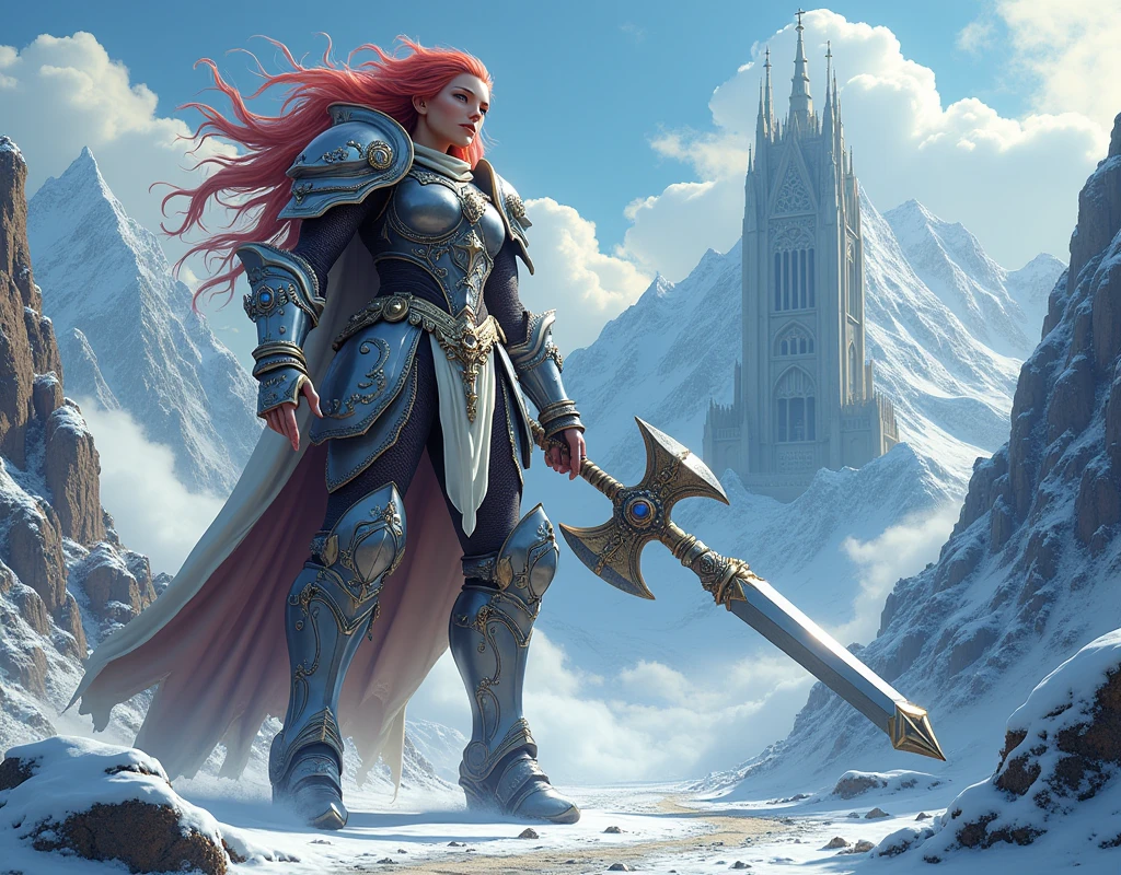 aa fantasy art illustration of a female giant knight armed with a ((mighty battlehammer: 1.5)) standing at the temple gates built on snowy mountain, (((she is as tall as the mountain: 1.3))) a wild beautiful, exotic beautiful giant knight, ((anatomically correct: 1.5), (ultra detailed face: 1.2), best detailed face, dynamic hair color, dynamic hair style, armed with a giant battlehammer, shiny battlehammer, weapon reflects the sunlight, studded with gems, wearing metal armor, dynamic armor color, wearing high heeled boots, standing near a fantasy temple, magnificent temple, with a tower, on snowy mountain (((she is as tall as the mountain:1.3))), vibrant, Hyperrealism style, vibrant, Ultra-high resolution, High Contrast, (masterpiece:1.5), highest quality, Best aesthetics), best details, best quality, highres, ultra wide angle, 16k, [ultra detailed], masterpiece, best quality, (extremely detailed) RAW, rpg portrait battlehammer, NRART