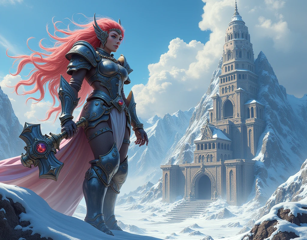 aa fantasy art illustration of a female giant knight armed with a ((mighty battlehammer: 1.5)) standing at the temple gates built on snowy mountain, (((she is as tall as the mountain: 1.3))) a wild beautiful, exotic beautiful giant knight, ((anatomically correct: 1.5), (ultra detailed face: 1.2), best detailed face, dynamic hair color, dynamic hair style, armed with a giant battlehammer, shiny battlehammer, weapon reflects the sunlight, studded with gems, wearing metal armor, dynamic armor color, wearing high heeled boots, standing near a fantasy temple, magnificent temple, with a tower, on snowy mountain (((she is as tall as the mountain:1.3))), vibrant, Hyperrealism style, vibrant, Ultra-high resolution, High Contrast, (masterpiece:1.5), highest quality, Best aesthetics), best details, best quality, highres, ultra wide angle, 16k, [ultra detailed], masterpiece, best quality, (extremely detailed) RAW, rpg portrait battlehammer, NRART