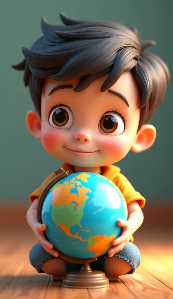A young, 3D animated cartoonish boy with a round face and large, expressive eyes is holding a globe in his hands. The boy’s curious and excited expression highlights his sense of wonder and exploration. The globe is vibrant, with clear continents and oceans, and the background is simple, keeping the focus on the boy and the globe, emphasizing his eagerness to learn about the world."