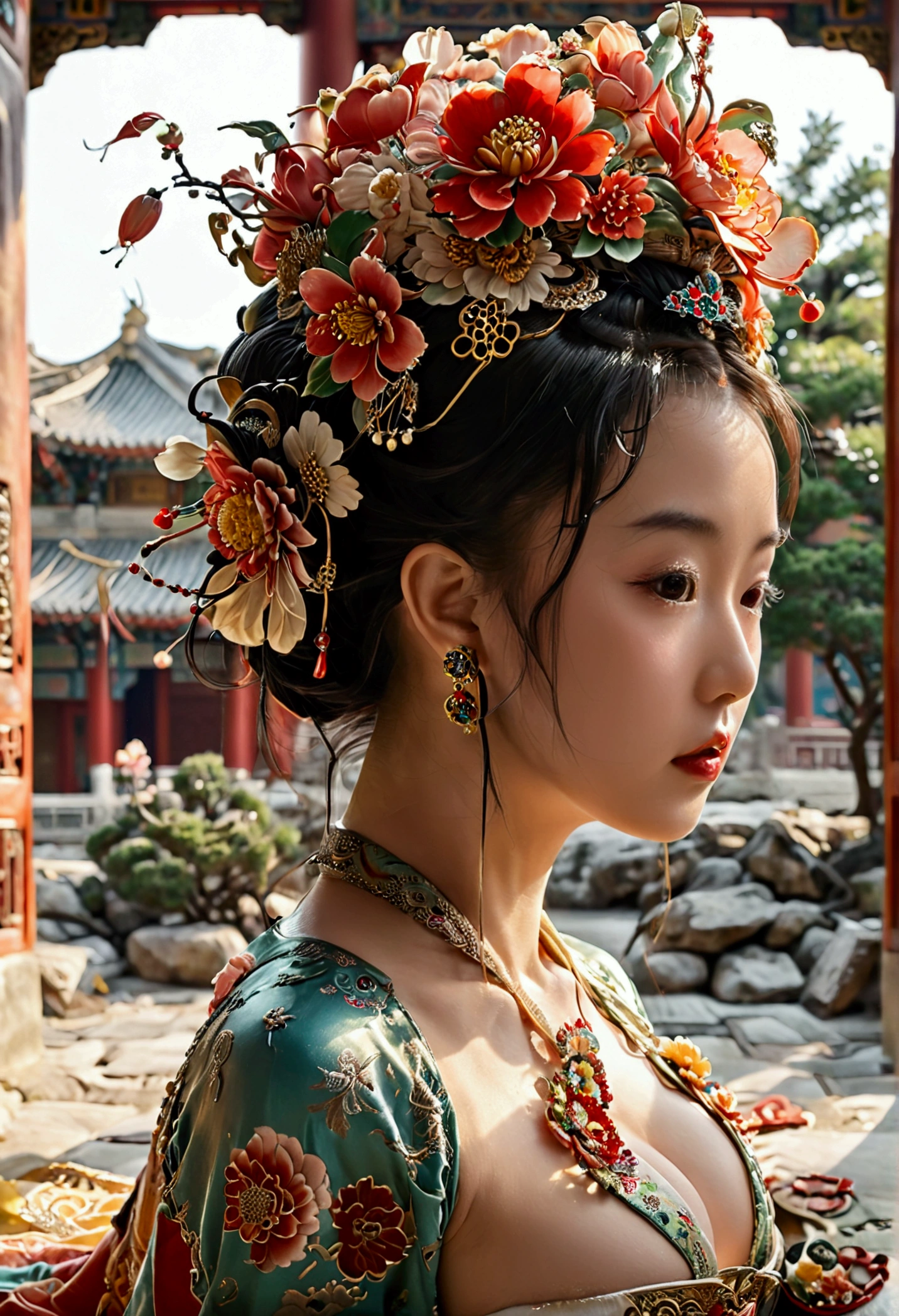 A woman seen from the front, bent over on the ground facing forward, legs spread apart, busty and naked, wearing a crown and showing her thighs and feet from below, in the Chinese imperial court of the Qing dynasty.。She is adorned with a large, showy flower and a hairpin, her hair pulled up and tied, her body completely naked. The background is the Forbidden City of the Qing Dynasty.
