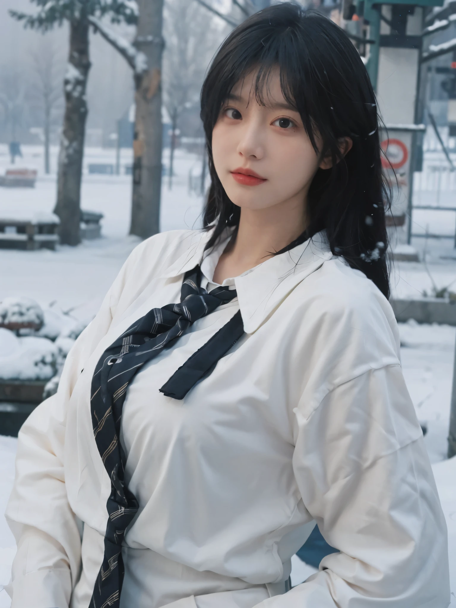 Best quality，masterpiece，Ultra-high resolution，snow，16K,Snow background，（Photo Realism：1.4),1 Girl，JK，Sexy，（Shirt and Tie：1.2),（Big breasts：1.3),（Upper body：1.4)