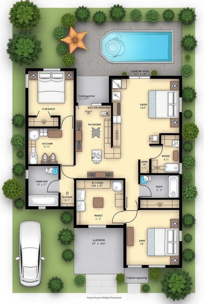 Give the image of a house plan : on the ground floor +1 : master bedroom with en-suite shower, and two other bedrooms, 1 shower and 1 WC. separate. On the ground floor : Two guest bedrooms, 1 Shower, 1 WC, 1 kitchen, 1 living room, 1 laundry room. Outside : 1 garage, 1 pool with garden