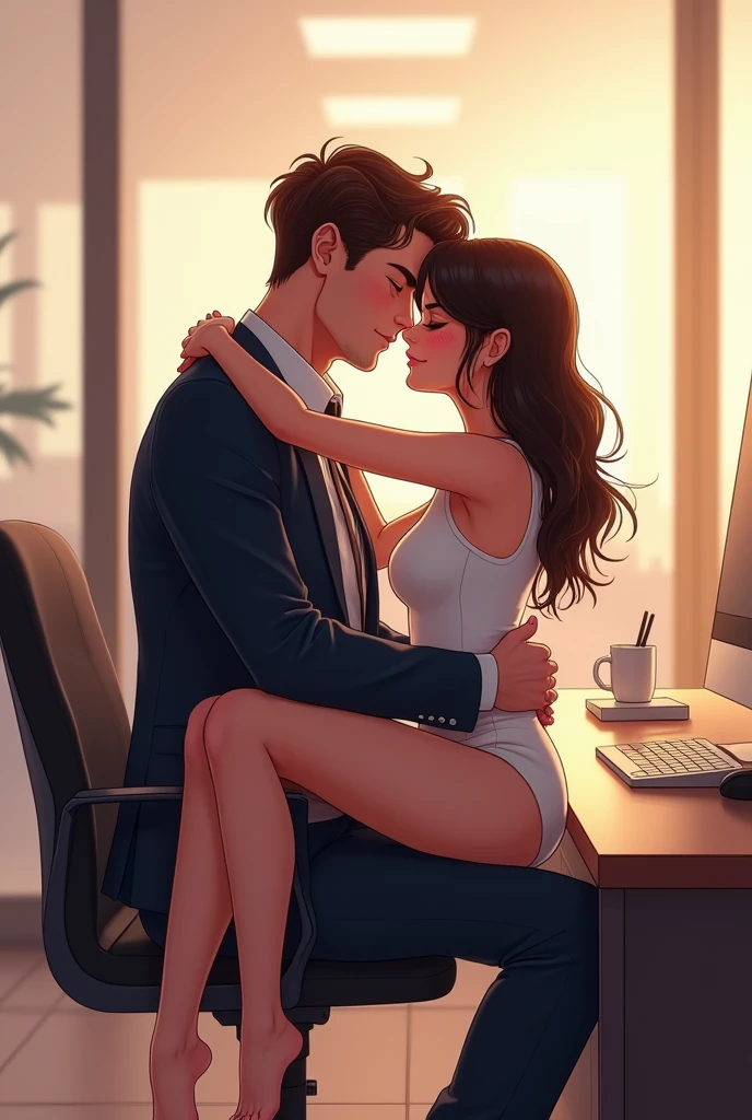 in animation,A tall, brown-haired man in a suit,kisses his shorter, black-haired girlfriend in the office.,While his girlfriend sits on his lap with her legs spread。