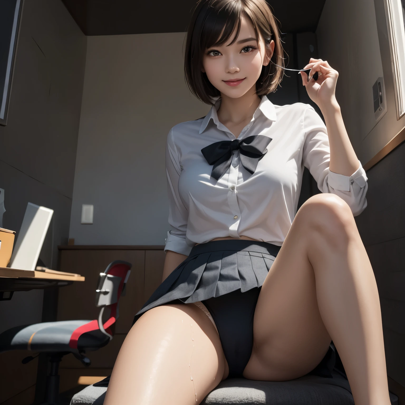 (masterpiece), highly realistic, smile, slender beautiful female students, Open your school mesh shirt, Sit down and open your legs to show your crotch, blue pleated skirt, white mesh panties, wet legs, school bow, Short hair and pale skin, (interrogation room), (perfect anatomy), 8k Resolution, wonder full, elegant, hyperrealism, approaching perfection, dynamic, highly detailed, ultra high definition, HD resolution, high quality boost, contrast boost