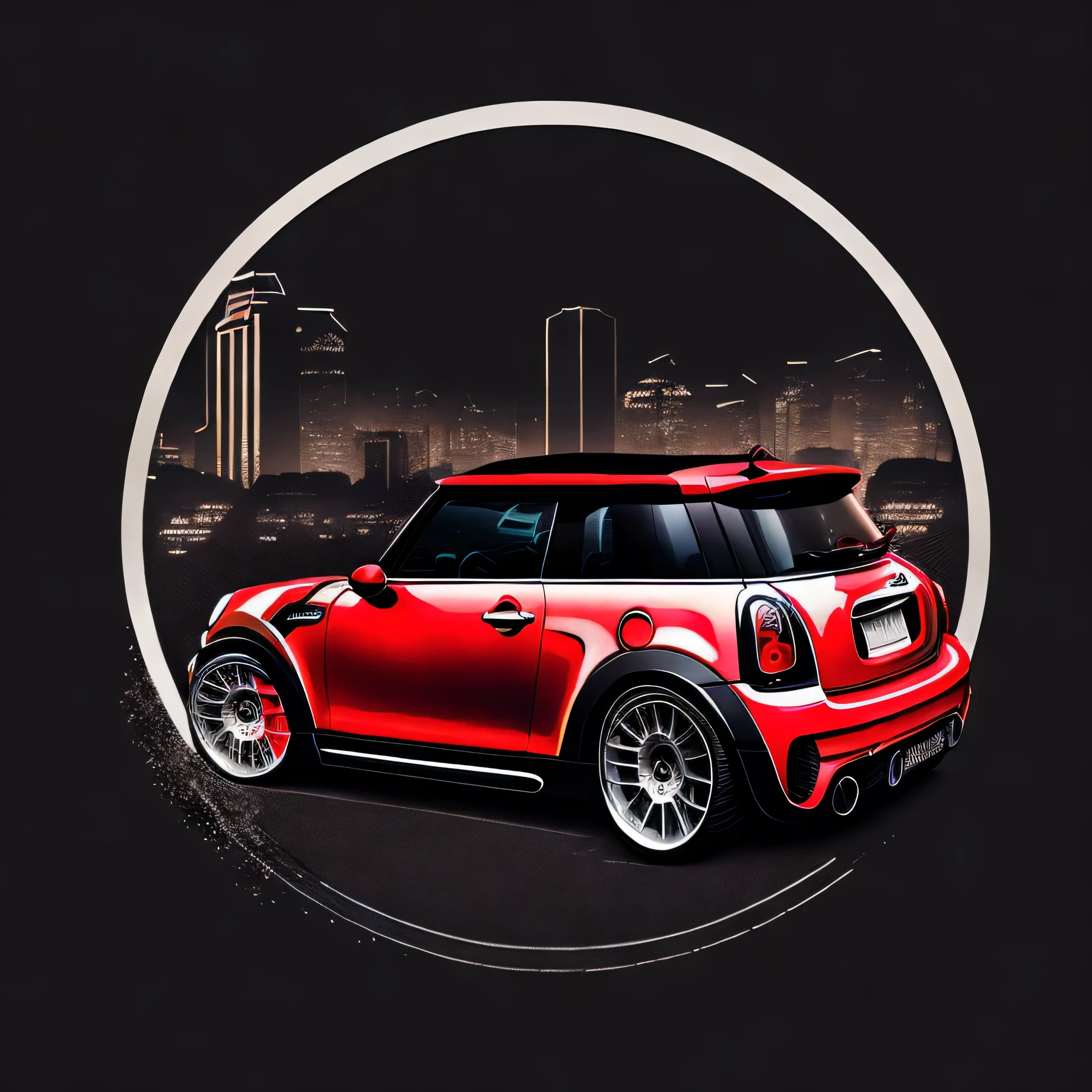 Artwork for t-shirt graphic circle design a modern city graphic design rear view profile Mini Cooper S JCW R53 black and red outlines