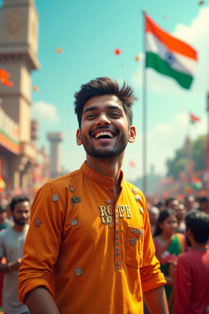 A real 20-year-old boy joyfully celebrates Indian Independence Day. He is wearing traditional Indian outfits with the name "Rohit" written on his attire. Above him, in the sky, the words "Happy Independence Day" are displayed in a bold font. The backdrop is filled with people celebrating, enhancing the festive and patriotic spirit of the day.