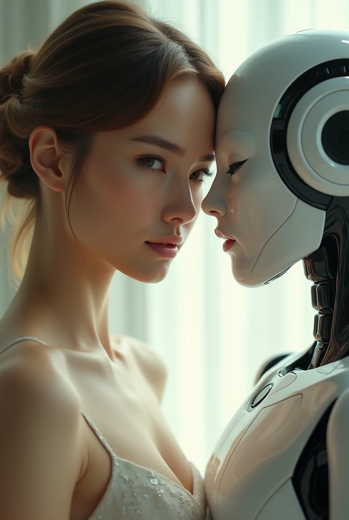 A Caucasian woman dressed elegantly under natural light、A close-up of her chest and calm expression.、It shows her inner peace and outer charm.。The woman is looking into the eyes of an AI robot.。