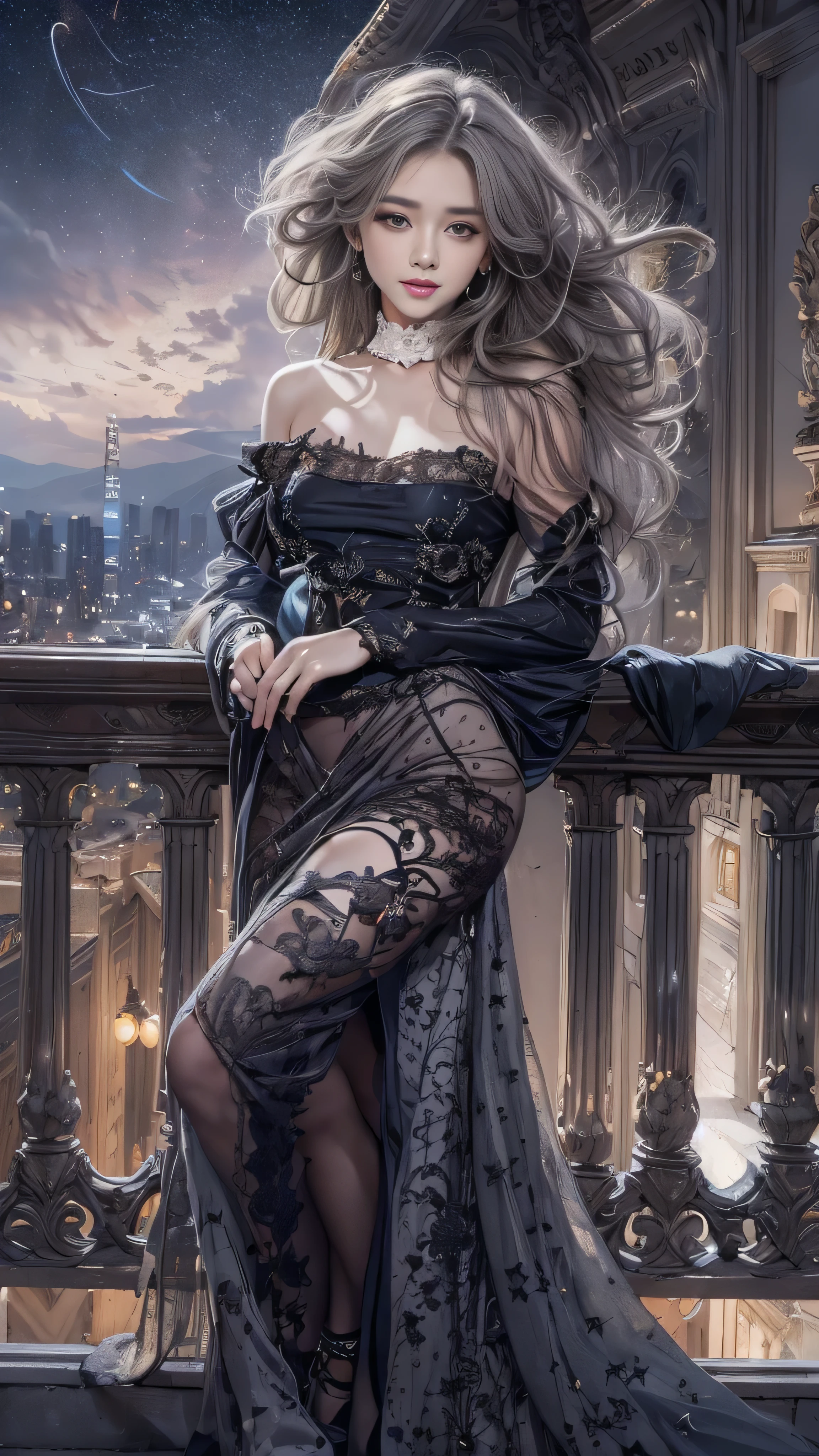 (Woman standing on balcony of palace)Portrait of, Realistic, High resolution, 1 female, alone, Upper Body, Beautiful Eyes, Close your lips, Detailed face, Gray Hair, Long Hair, (off shoulder black lace long dress) ,(There is a slit up to the waist.),Fur coat, stockings,(Star-filled night sky)