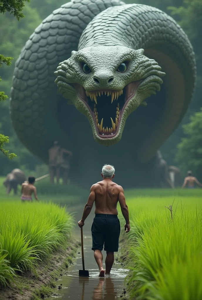 A man, over 40 years old, walks with his shirt off, wearing black pants. He holds a hoe in his hand, heading to the rice paddy. But he encounters a terrifying Naga at the paddy.