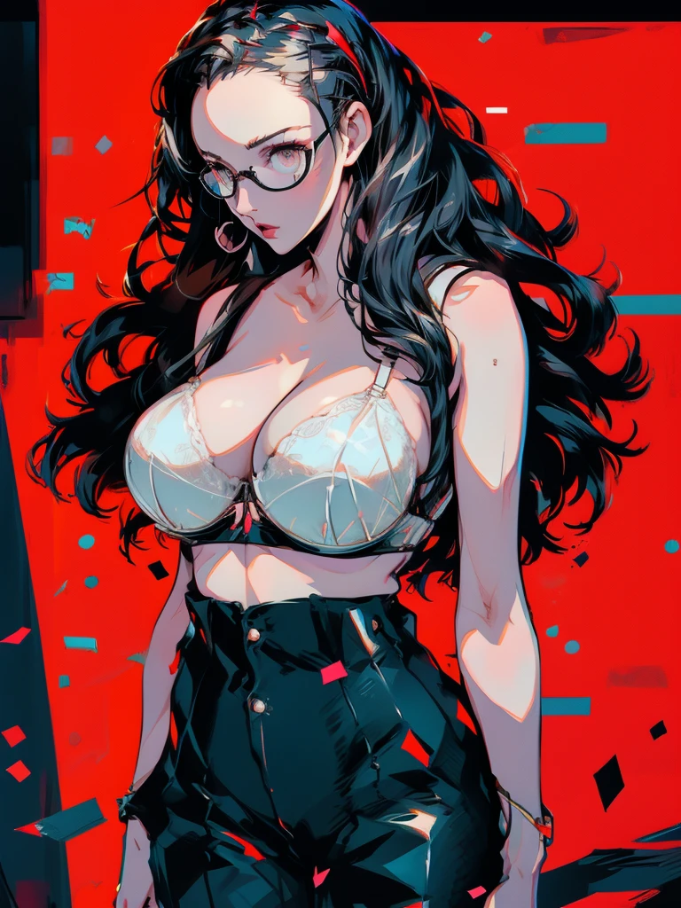 in the art style of persona5, (masterpiece:1.2, highest quality), (Realistic, photoRealistic:1.4), Beautiful illustrations, (Natural Side Lighting, Cinema Lighting), Written boundary depth, Beautiful thighs staring at the viewer, 1 female, 30-year-old, alone, thin, slender, (huge breasts), long Hair, curly Hair, Forehead, Forehead, Forehead, Forehead, thin, slender, glasses, lingerie, white bra, (((She wears sexy bra))), Skinny black pants, Are standing, (((glasses)))