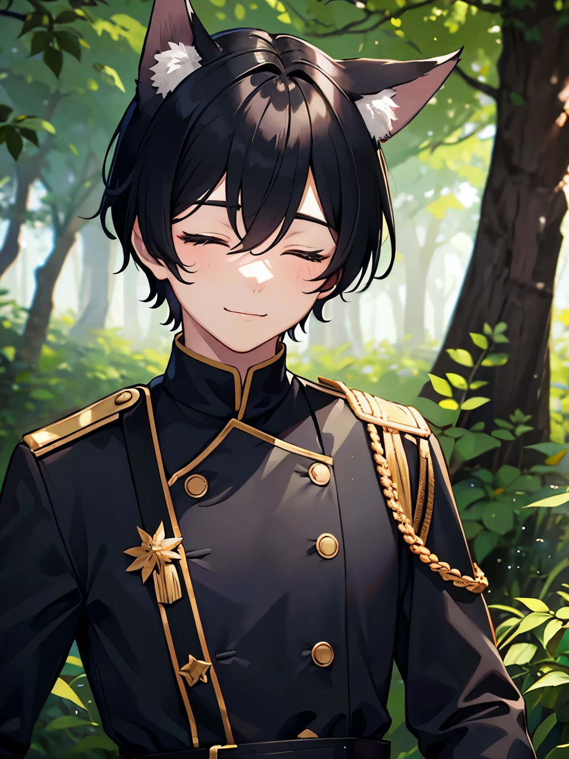 1boy,Black hair, wolf ears, black army uniform, in the forest,slight smile,closed eyes