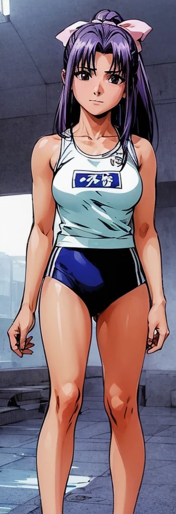 Momo Koigakubo, known for her beautiful legs, stands on the athletic field in a racing bloomers outfit that resembles a panty, adorned with the words '陸上ウェア' (athletic wear) and 'asics'.。
