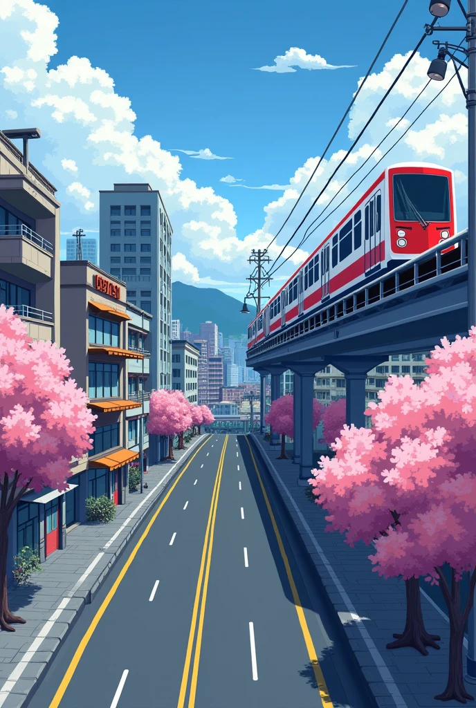 Japan region,Elevated railway tracks,subway,Pixel style,Simple and clear,subway在右上,School on the left。Cherry blossom trees on the bottom right,In the middle is the road,