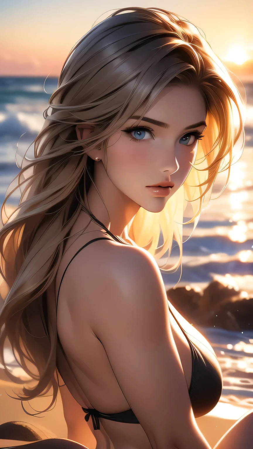 ((styled:Pure+ultra-realistic realism)，White skin texture，eyes with brightness)，lightand shade contrast，high textured，ultra HD picture quality，tall nose bridge，dynamic angle，Clouds and mountains，Ocean prospects，Light tracing，realisticlying，offcial art，Unity 8k壁纸，ultra - detailed，Beautiful and beautiful，tmasterpiece，best qualityer，Glowing skin，cinmatic lighting，Side Body