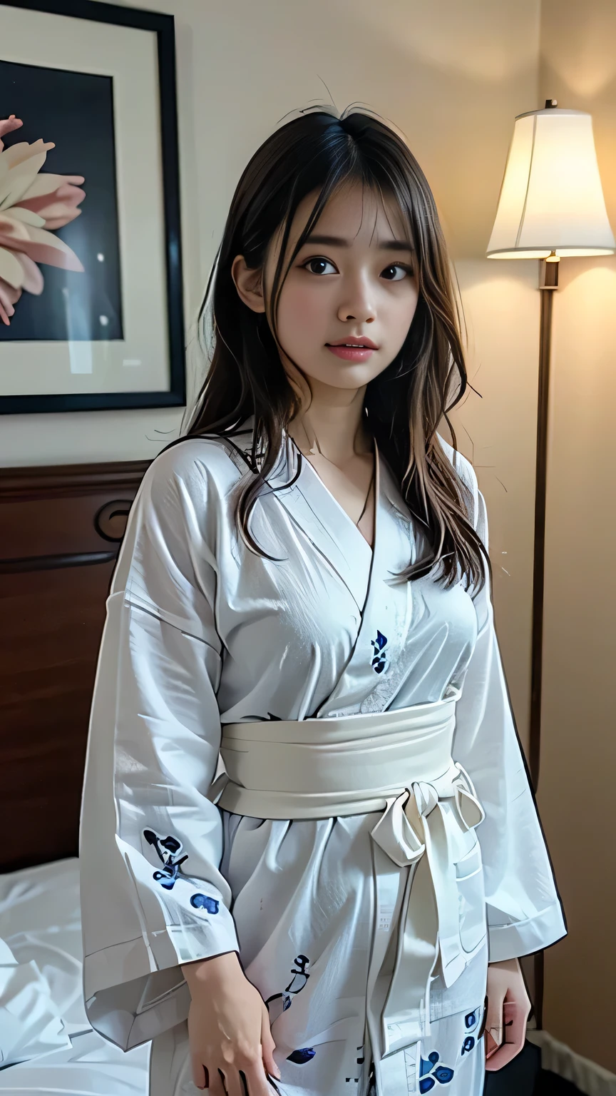 (Tabletop, Highest quality:1.4), Beautiful Face, 8k, 85mm, Absurd, (((Dark hotel bedroom:1.4)))、(White floral yukata:1.2), ((Cowboy Shot:1.4))、Delicate, alone, Long Hair:1.7、night, View your viewers, Upper Body, Film Grain, chromatic aberration, Sharp focus, Face Light, Professional Lighting, Sophisticated, (Troubled face:0.4), (Simple Background, Bokeh Background:1.2), Detailed aspect