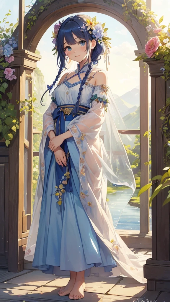 (masterpiece、Highest quality、Highest quality、Beautiful and beautiful:1.2)、（Watercolor painting 1.5）、Aerial view、(Standing posture:1.2)、Wide blue sky、A picture of braided hair、Round and beautiful eyes、Beautiful smile、Flower Fairy、A body the size of a flower、barefoot、Pure、charm、Fantasy、Botanical Art