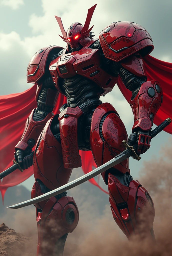 a massive red super giant robot, hulking muscular body, samurai armor, detailed mechanical features, intricate samurai helmet, glowing red eyes, futuristic samurai sword, dynamic action pose, epic cinematic lighting, dramatic shadows, rich saturated colors, highly detailed 8k render, cinematic composition, concept art style a highly detailed, red samurai gundam mech, glowing ruby eyes, intricate futuristic armor, katana sword, flowing samurai robes, dynamic pose, cinematic lighting, photorealistic, 8k, (best quality,4k,8k,highres,masterpiece:1.2),ultra-detailed,(realistic,photorealistic,photo-realistic:1.37),concept art, hyper detailed, sharp focus, 3d render