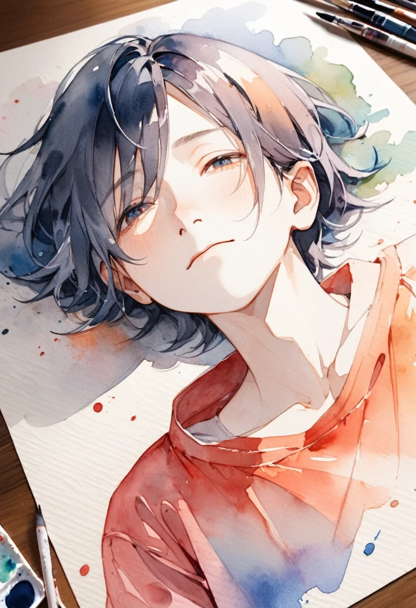 boy with an elongated nose when he's lying, watercolor painting