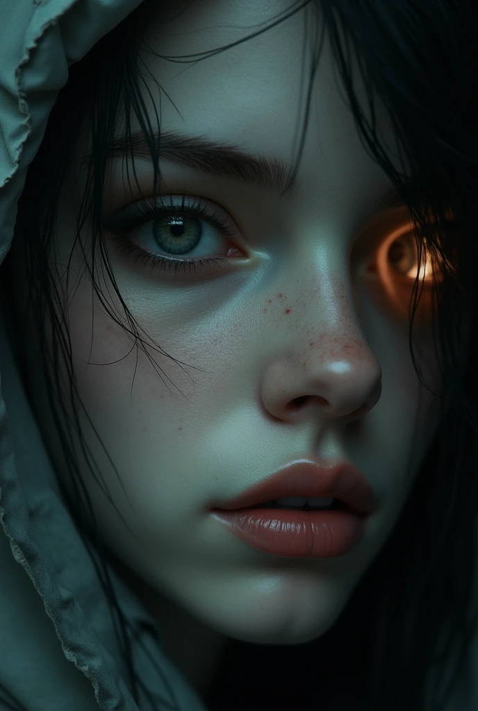 a one-eyed human, highly detailed portrait, realistic, photorealistic, beautiful detailed eyes, beautiful detailed facial features, extremely detailed face and eyes, long eyelashes, intricate details, 8k, best quality, hyper detailed, cinematic lighting, dramatic lighting, muted color palette, moody atmosphere, concept art, digital painting