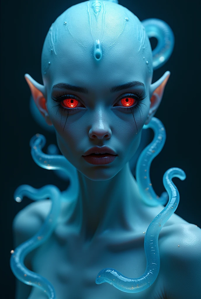 ((masterpiece、highest quality、Super detailed、High resolution、realistic、sharp focus、cinematic lighting))、Beautiful female alien from the world of Lovecraft、cowboy shot、dark atmosphere、Seductive red eyes、all sexy, alien、multiple hands、(Lots of blue tentacles)、extraterrestrial life form、cell、bio image、attractive thick eyebrows、 (big red glowing eyes)、Beautiful eyes with high bilateral symmetry、highly detailed eyes、clear eyes、Smooth limbs、Intimate look、perfect anatomy、(Beautiful toned body)、(moist skin),、body smeared with mucus、Glamour、Dress with a ferocious image、heavy makeup、long canines、gorgeous face、many intertwined tentacles、sf、evil aura、H. R.giger'Impact of、cthulhu、view audience、snake hair、3DMM