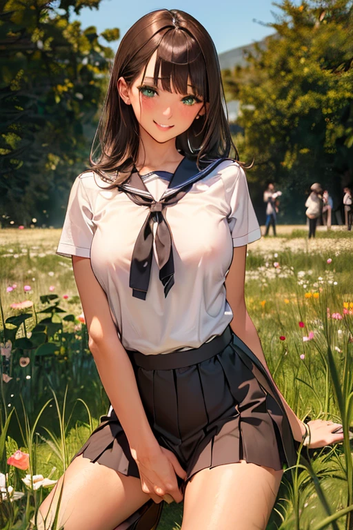 Best Picture, Masterpiece, 4K, High Quality, One Adult
Woman. The woman has brown hair. Her hair is straight, . Long slit eyes, green eyes,
Model like beauty, perfect proportions. Perfect legs. Perfect arms.
She has a blush on her cheeks and a mischievous smile on her face.
Even over clothing, one can see the large, full breasts and erect nipples.
Even over clothing, one can see the large, full breasts and erect nipples.
A woman is Sitting, arms, later, folded, chest arched. woman In the grassy meadow, (((a woman is spreading her legs wide open, with her thighs spread wide apart. Silk underwear. A complete body. Perfect hands and legs. Beautiful body, beautiful legs. Beautiful hands. Perfect body, perfect legs. Perfect hands.
The woman's and her clothes show the bulge of her large breast and her nipples are raised. through.
The woman has a blush on her cheeks and a shy smile on her face.
Upper Body . Bob. Shed bangs. Short-sleeved sailor suit, very short pleated miniskirt, black socks, brown loafers. A woman is standing alone. She has a blush on her cheeks and a mischievous smile on her face. Cowboy shot,