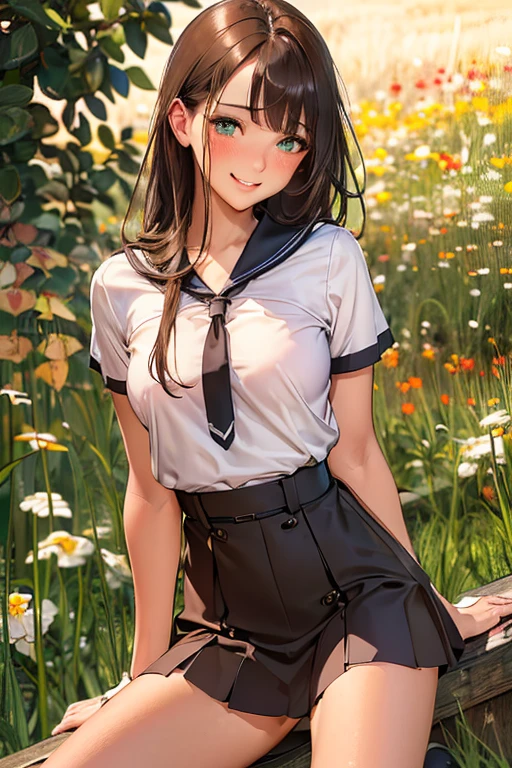 Best Picture, Masterpiece, 4K, High Quality, One Adult
Woman. The woman has brown hair. Her hair is straight, . Long slit eyes, green eyes,
Model like beauty, perfect proportions. Perfect legs. Perfect arms. 
She has a blush on her cheeks and a mischievous smile on her face.


Even over clothing, one can see the large, full breasts and erect nipples.
Even over clothing, one can see the large, full breasts and erect nipples.
A woman is Sitting, arms, later, folded, chest arched. woman  In the grassy meadow, (((a woman is spreading her legs wide open, with her thighs spread wide apart. Silk underwear. A complete body. Perfect hands and legs. Beautiful body, beautiful legs. Beautiful hands. Perfect body, perfect legs. Perfect hands.
The woman's and her clothes show the bulge of her large breast and her nipples are raised. through.
The woman has a blush on her cheeks and a shy smile on her face. 

Upper Body . Bob. Shed bangs. Short-sleeved sailor suit, very short pleated miniskirt, black socks, brown loafers. A woman is standing alone. She has a blush on her cheeks and a mischievous smile on her face. Cowboy shot,