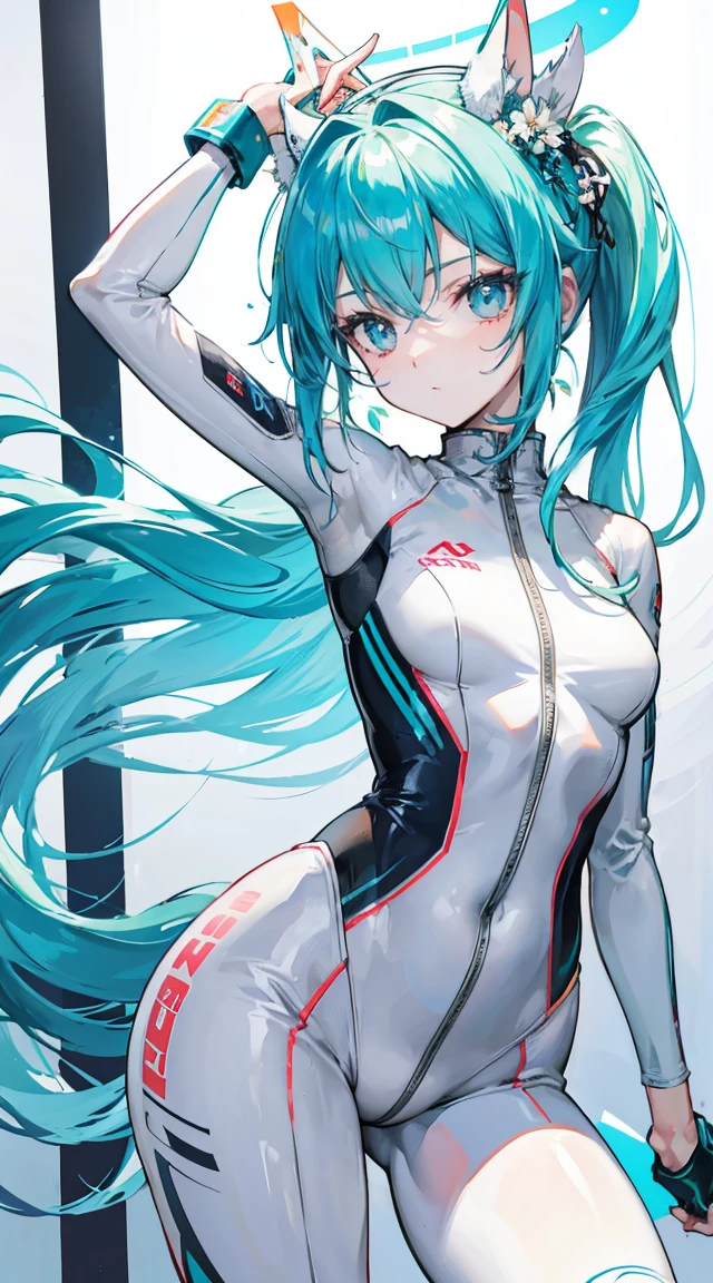 white solid background,stand at attention,ID photou,Racing suits,Show your body appropriately,stand at attention站好,ID photo,Game CG,Stand still,front,Double tail,身穿漆皮Racing suits,Leaking out of the waist,Racing girl,Patent leather stockings,stand at attention站好,The picture is monotonous,Neon hair accessories