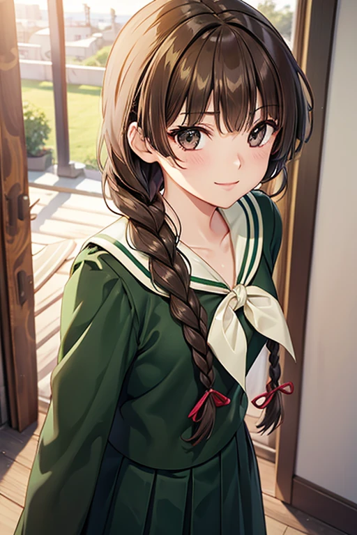 Yuno Shimazu、Shiny brown hair,Long Hair,  Hair that falls over the shoulders、(( Braid、Twin Blade:1.5,)),Beautiful brown eyes、Sparkling eyes, Fine grain、smile、Ultra-detailed eyes、Highly detailed face, Highly detailed eyes,Cowboy Shot、school uniform, Sailor collar, neckerchief, Green Shirt, Sailor shirt, Long sleeve, Green Skirt, Long skirt, 