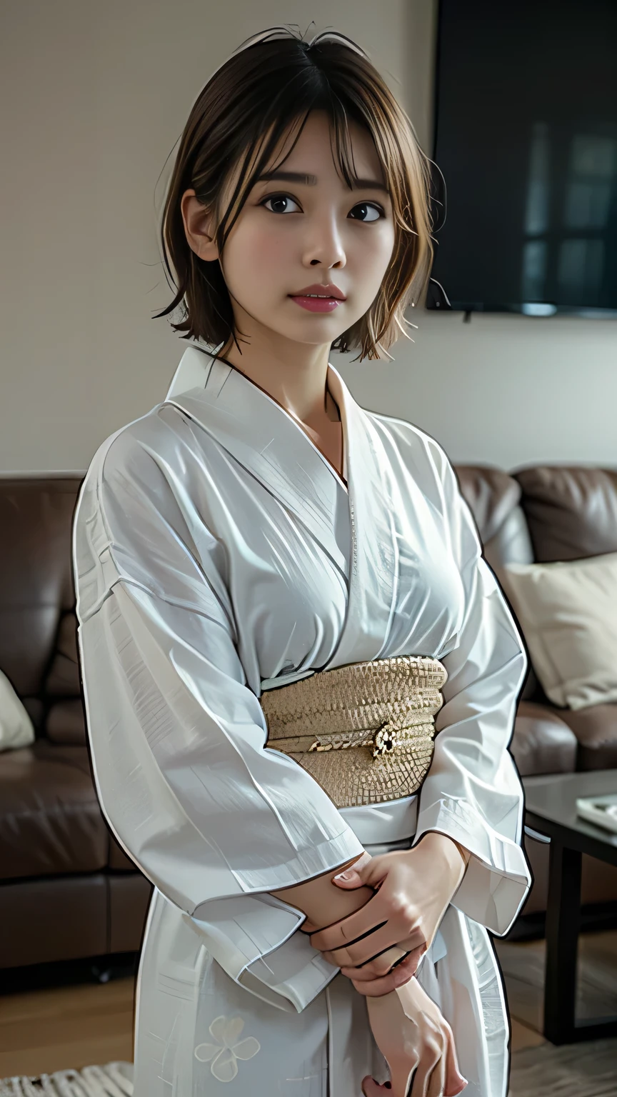 (Tabletop, Highest quality:1.4), Beautiful Face, 8k, 85mm, Absurd, (((living room:1.4)))、(White floral yukata:1.2), ((Cowboy Shot:1.4))、Delicate, alone, Short Bob Hair:1.7、night, View your viewers, Upper Body, Film Grain, chromatic aberration, Sharp focus, Face Light, Professional Lighting, Sophisticated, ((Confused expression:1.4)), (Simple Background, Bokeh Background:1.2), Detailed aspect