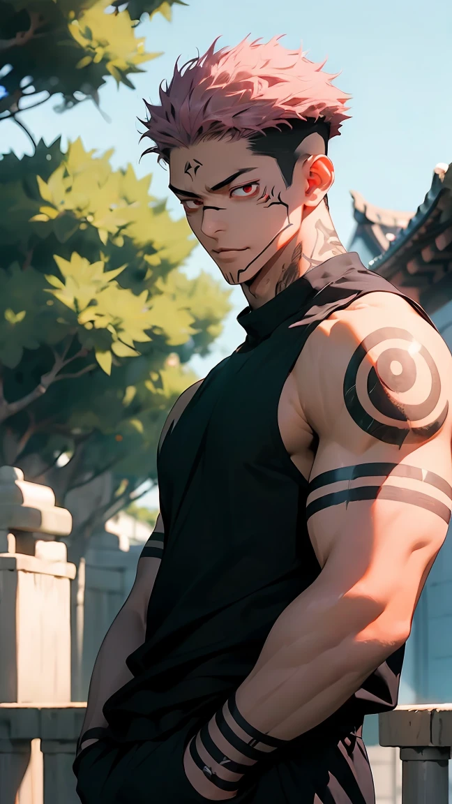 highest quality, 8K, high resolution image, anime style Jujutsu Kaisen, detailed strokes, bored look, blurry, purple light reflecting from it, (close angle), 1 man, male, model, (Ryomen Sukuna's Tattoos) ,Hand in pocket, cool guy, multicolored background with different geometric shapes, around stickers, muscular, grey hair, grey eyes, short hair hairstyle: undercut, puffy chest. He wears a black jacket over a bare torso, abs, trained man's chest, and black sweatpants, black sweatpants and gold link chain, sweatpants, shaved body, background: Park, a beautiful park, trees, walkway, flowers, bushes,

