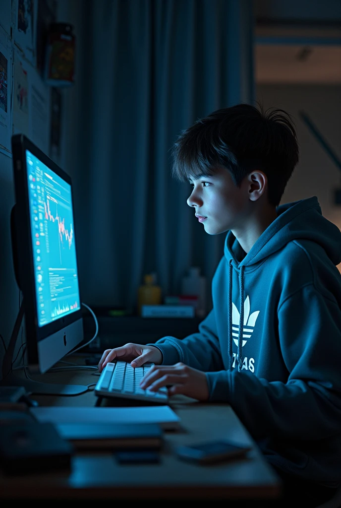 A boy hacking a computer on pc wirh a remote controler in a room and the hacker wear a jacket in jacket his name was showed and it was Sayem