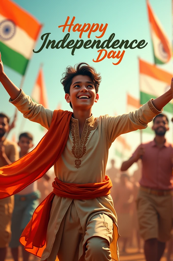 A real 20-year-old boy joyfully celebrates Indian Independence Day. He is wearing traditional Indian outfits with the name "Rohit" written on his attire. Above him, in the sky, the words "Happy Independence Day" are displayed in a bold font. The backdrop is filled with people celebrating, enhancing the festive and patriotic spirit of the day.
