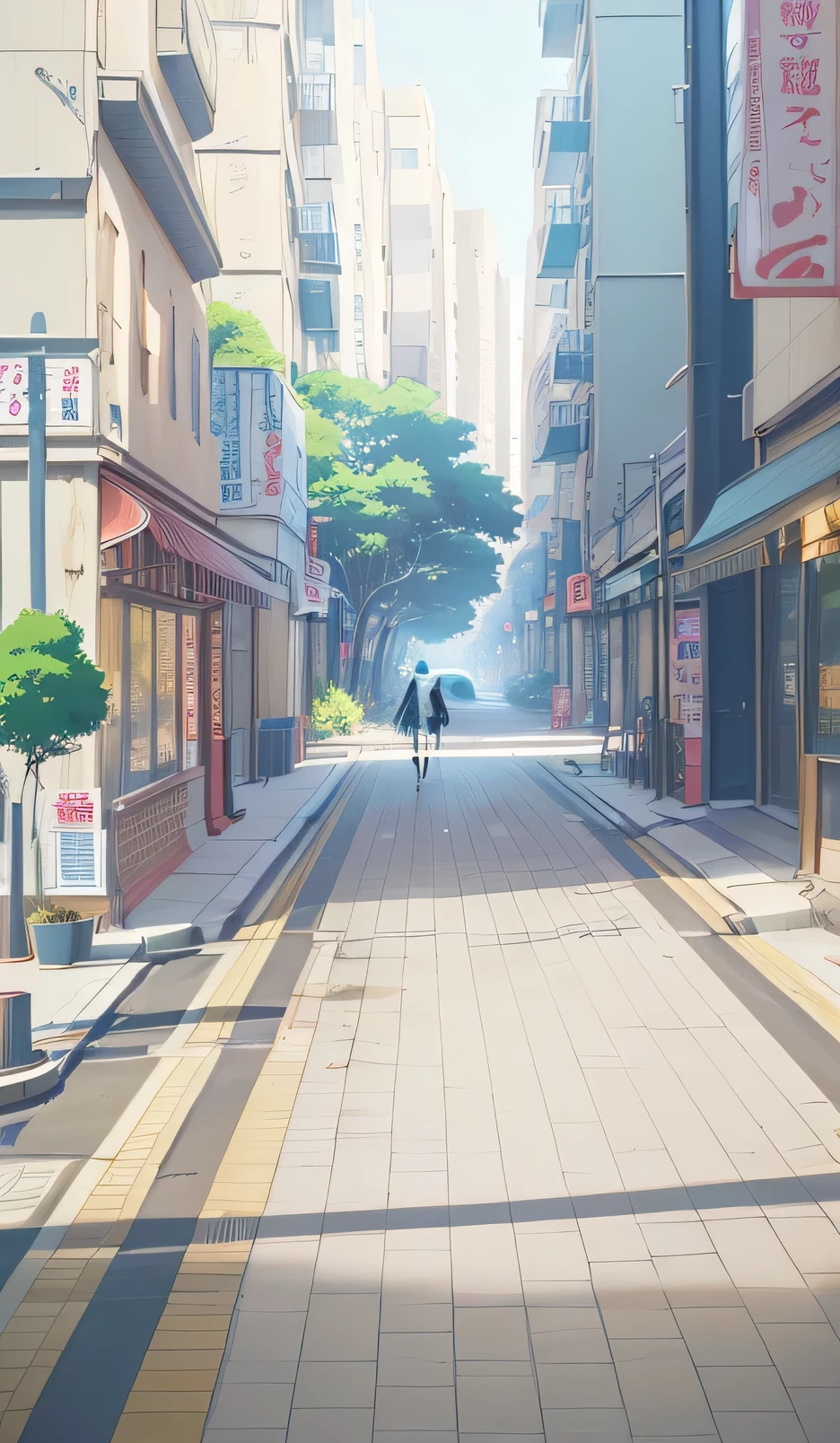 Anime-style city street image,A woman walking on the sidewalk, Anime Background art, Anime Background, City street background, Street background, Anime style cityscape, Downtown Background, Town Background, Anime movie background, colorful Anime movie background, HD anime city landscape, Forest City Street behind you, Anime Landscape concept art, Tokyo Anime Scene, Anime Landscape