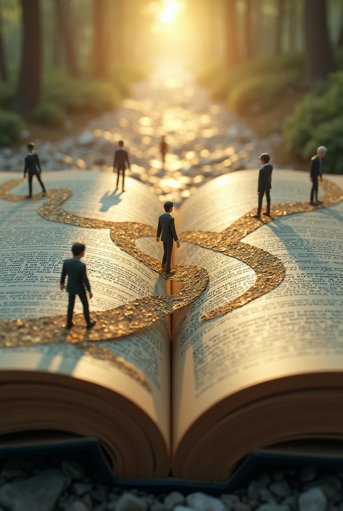 An open book in which the pages are made up of branching paths. On these roads, You can see small human figures walking, symbolizing the idea of life as a text in constant interpretation.