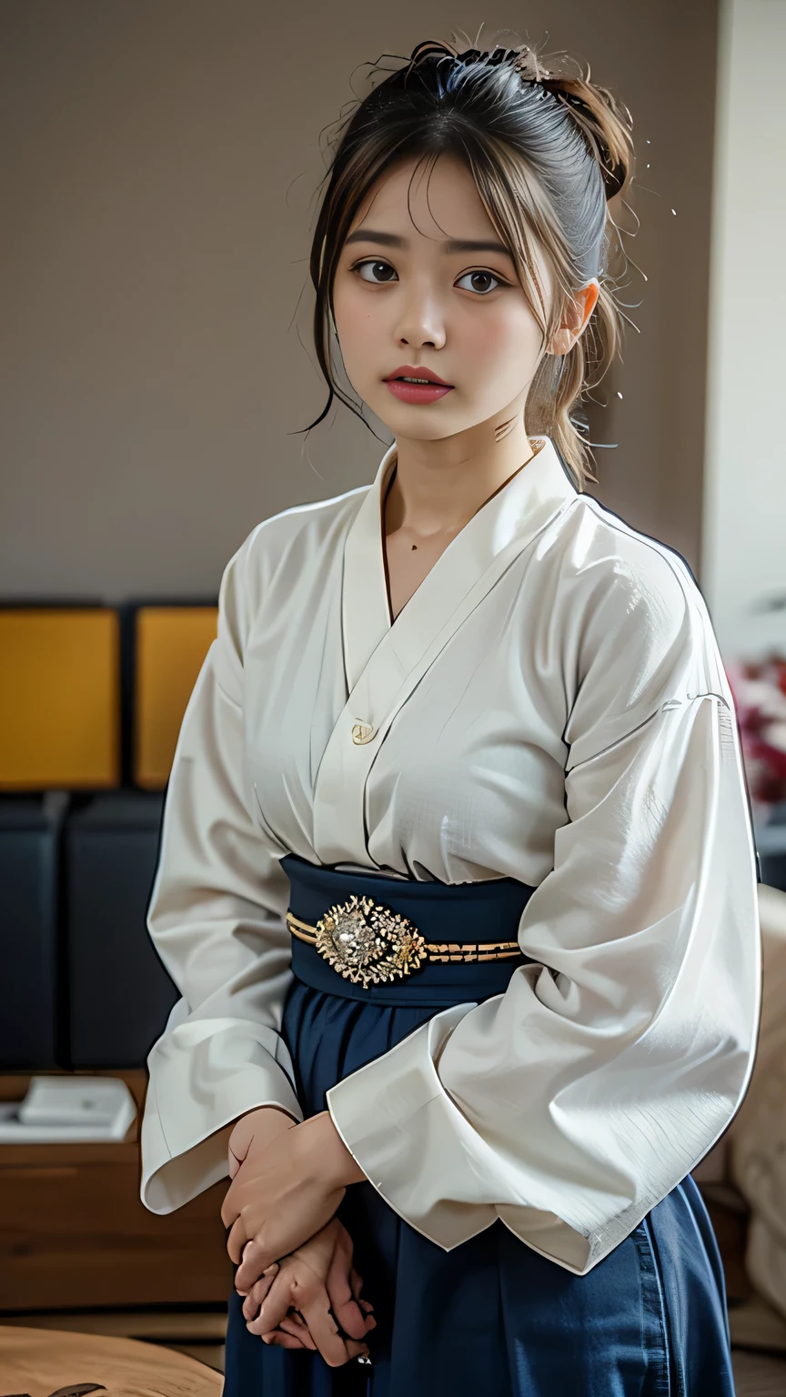 (Tabletop, Highest quality:1.4), Beautiful Face, 8k, 85mm, Absurd, (((living room:1.4)))、()White floral kimono:1.4)), ((Cowboy Shot:1.4))、Delicate, alone, Single hair bun:1.7、night, View your viewers, Upper Body, Film Grain, chromatic aberration, Sharp focus, Face Light, Professional Lighting, Sophisticated, ((Confused expression:1.4)), (Simple Background, Bokeh Background:1.2), Detailed aspect